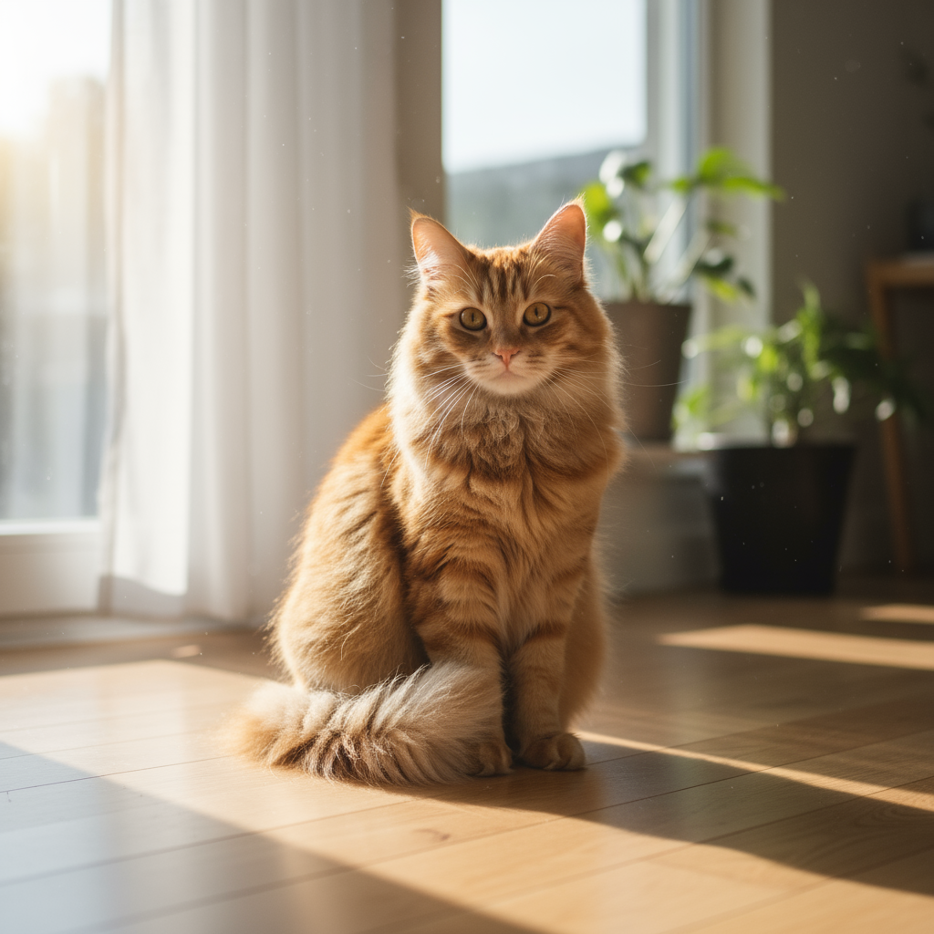 Fotorealistyczne zdjęcie puszystego rudego kota.