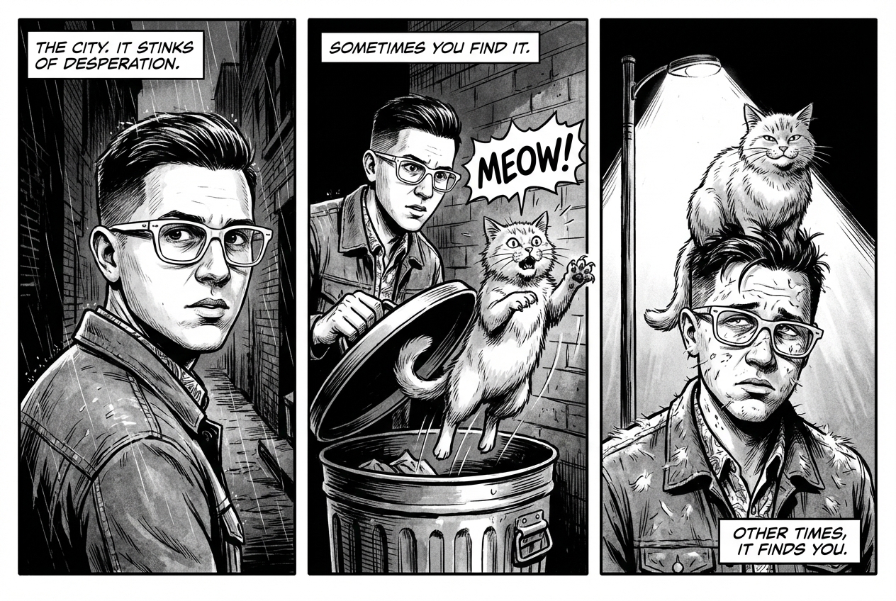 Stwórz 3-panelowy komiks w&nbsp;mrocznym stylu noir...
