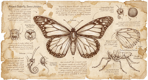 Bản phác thảo giải phẫu theo phong cách Da Vinci do AI tạo về một con bướm vua bị mổ xẻ.