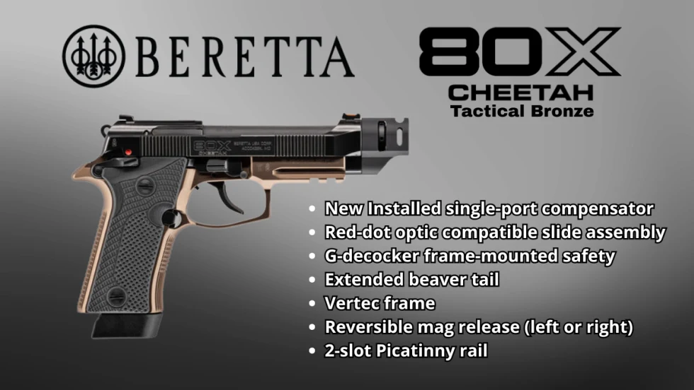 Side view of a small handgun on gray gradient background with logos for Beretta and 80X Cheeta with white bulletpoints to showcase features.