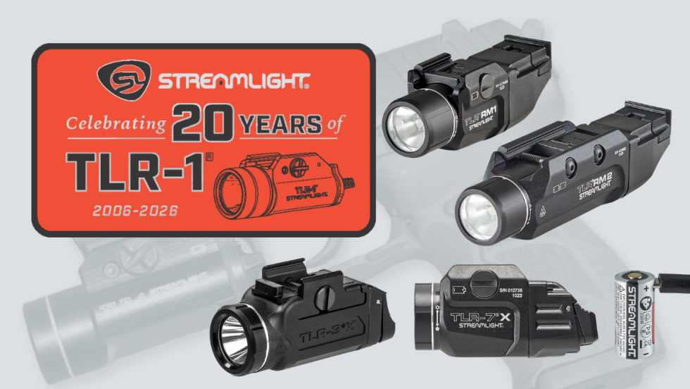 faint background image of handgun and weapons light with inset photos for Streamlight 20th anniversary of TLR and multiple images of various TLR weapon lights.