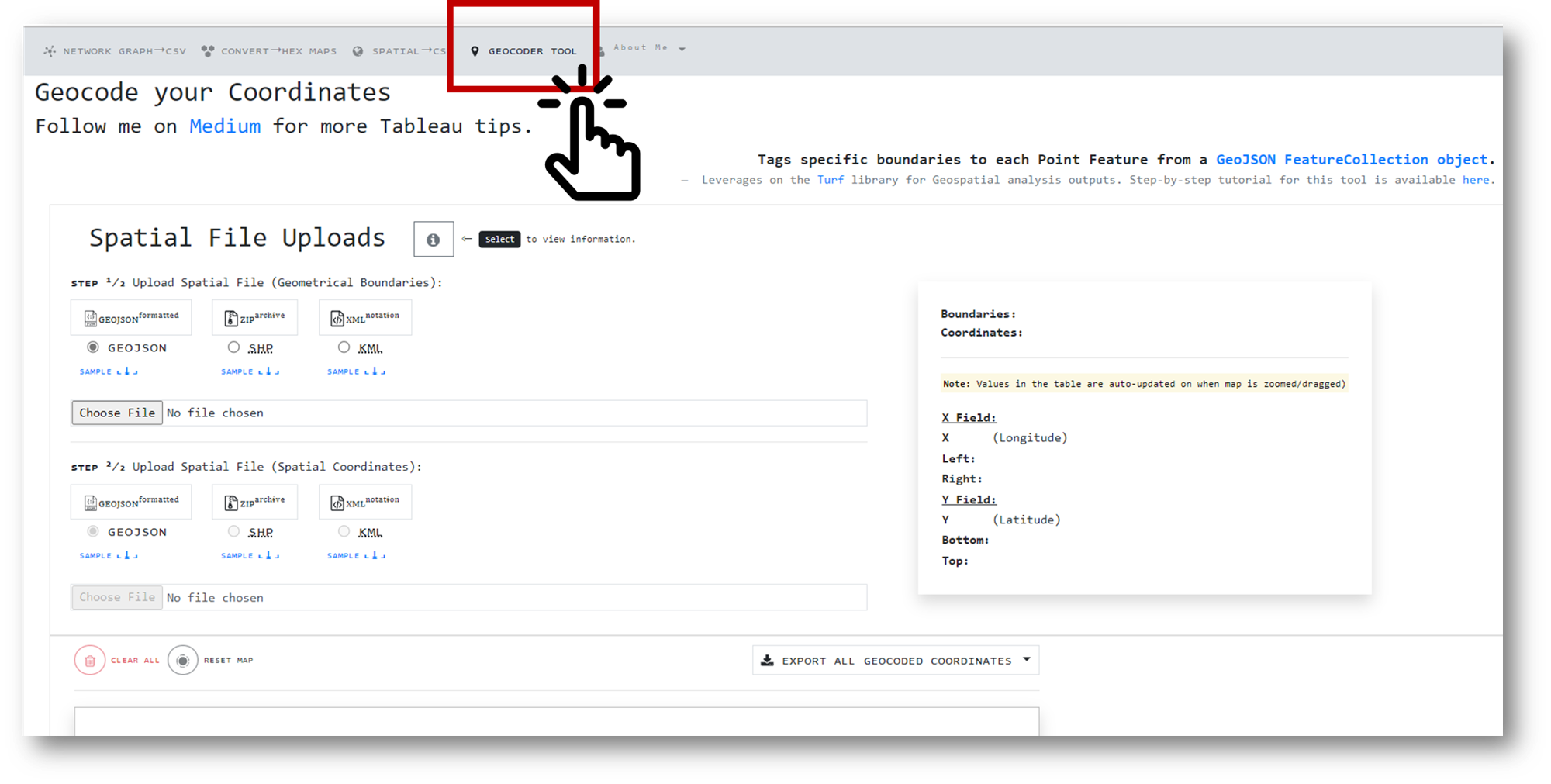 Screenshot by Author | This was a GIS utility tool along with other Tableau utility tools selectable from the header menu which I have created for some of my other articles | Accessible at: https://tableau-data-utility.onrender.com/