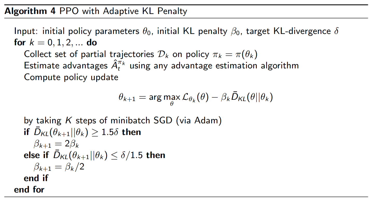 PPO, penalty variant. The objective function embeds a penalty on the KL-divergence. The corresponding weight β_k is dynamically updated based on the measured divergence relative to the target divergence [source: Schulman et al. 2017]
