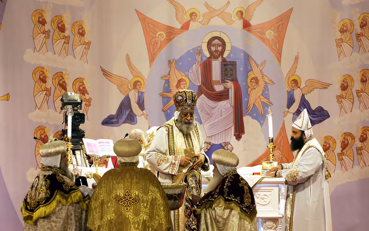 Egyptian Coptic Pope Tawadros II (C), Pope of Alexandria and Patriarch of Saint Marc Episcopate Pope, head of the Egyptian Coptic Orthodox Church