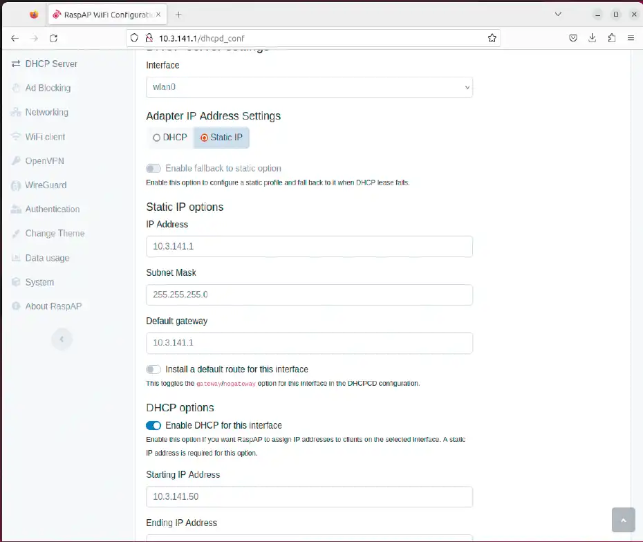 Rasp AP bietet viele Einstellmöglichkeiten, um eigene Netze zu konfigurieren, etwa um einen Upstream-DNS einzurichten oder individuelle DNS-Server einzutragen.