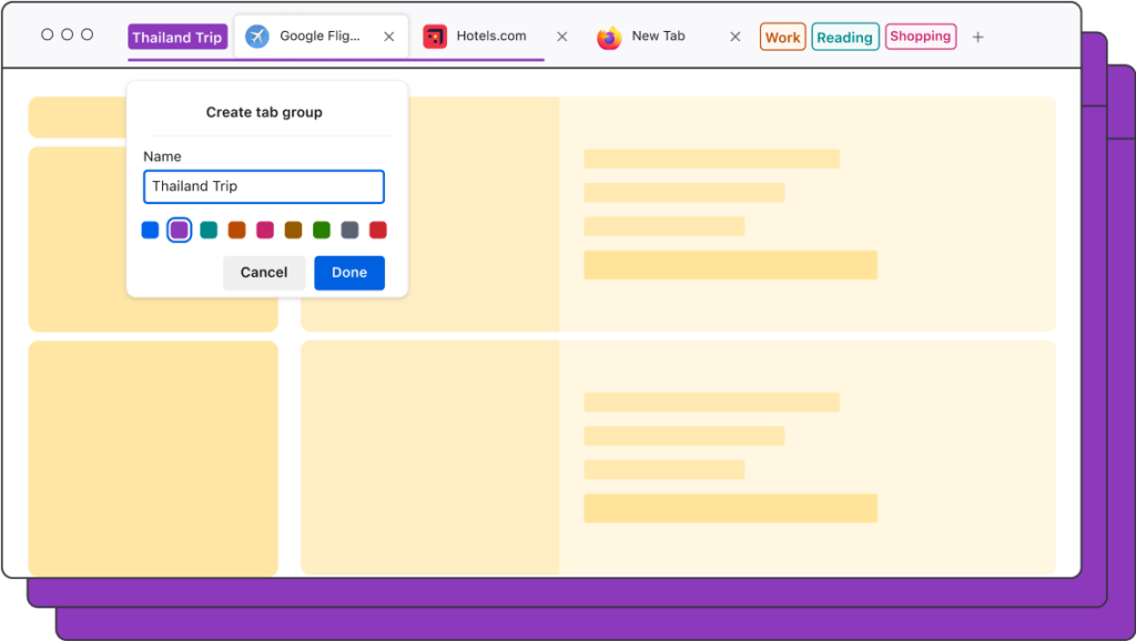Browser window showing Firefox's tab grouping feature. A 'Create tab group' pop-up is open, with 'Thailand Trip' entered as the group name and a purple color selected. Tabs for 'Thailand Trip,' 'Google Flights,' 'Hotels.com,' and a 'New Tab' are visible, along with existing tab groups labeled 'Work,' 'Reading,' and 'Shopping.'