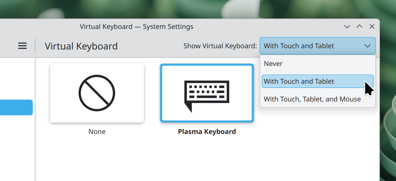 Virtual Keyboard page in System Settings offering multiple visibility triggers