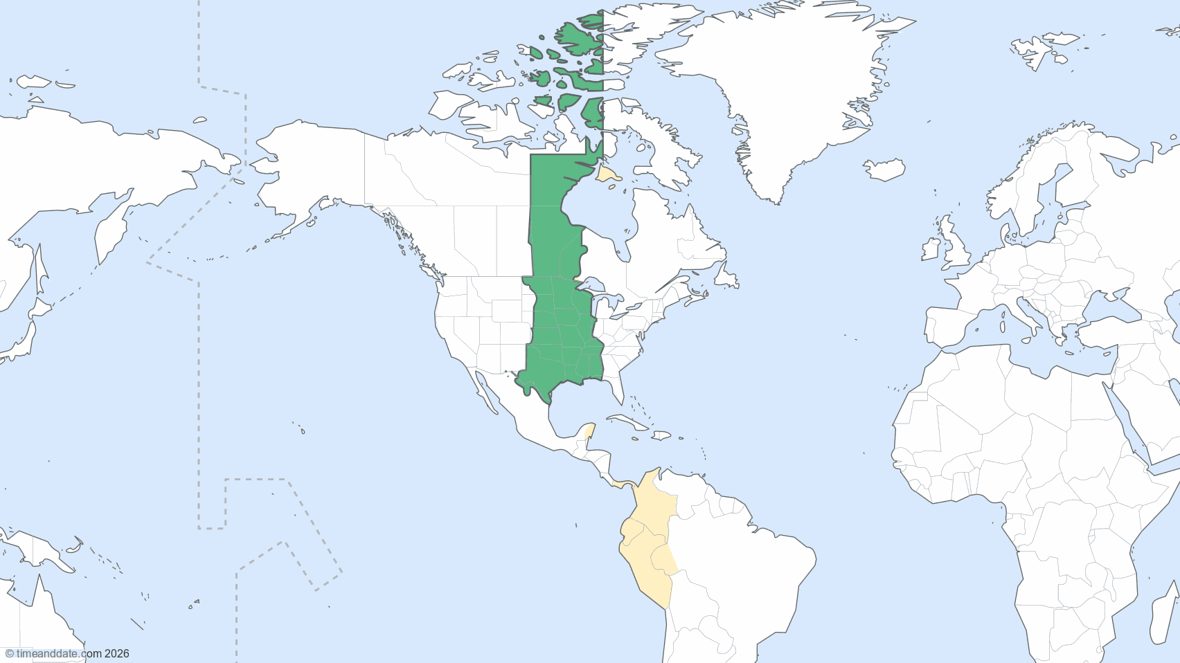 Map showing the areas covered by the timezone