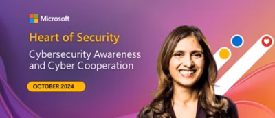 A woman smiling at the camera with a purple background featuring cybersecurity text.