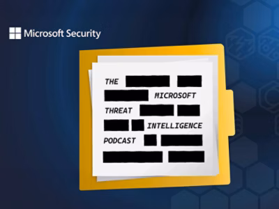 A yellow folder with hexagons on a blue and yellow background, featuring text that reads Microsoft Security The Microsoft Threat Intelligence Podcast.