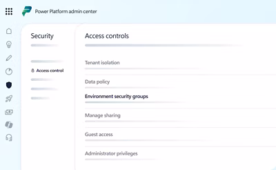 A screenshot of a computer displaying the Power Platform admin center with various security and access control options