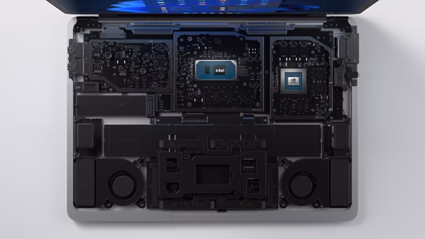 Inside look of a laptop components with keyboard removed.