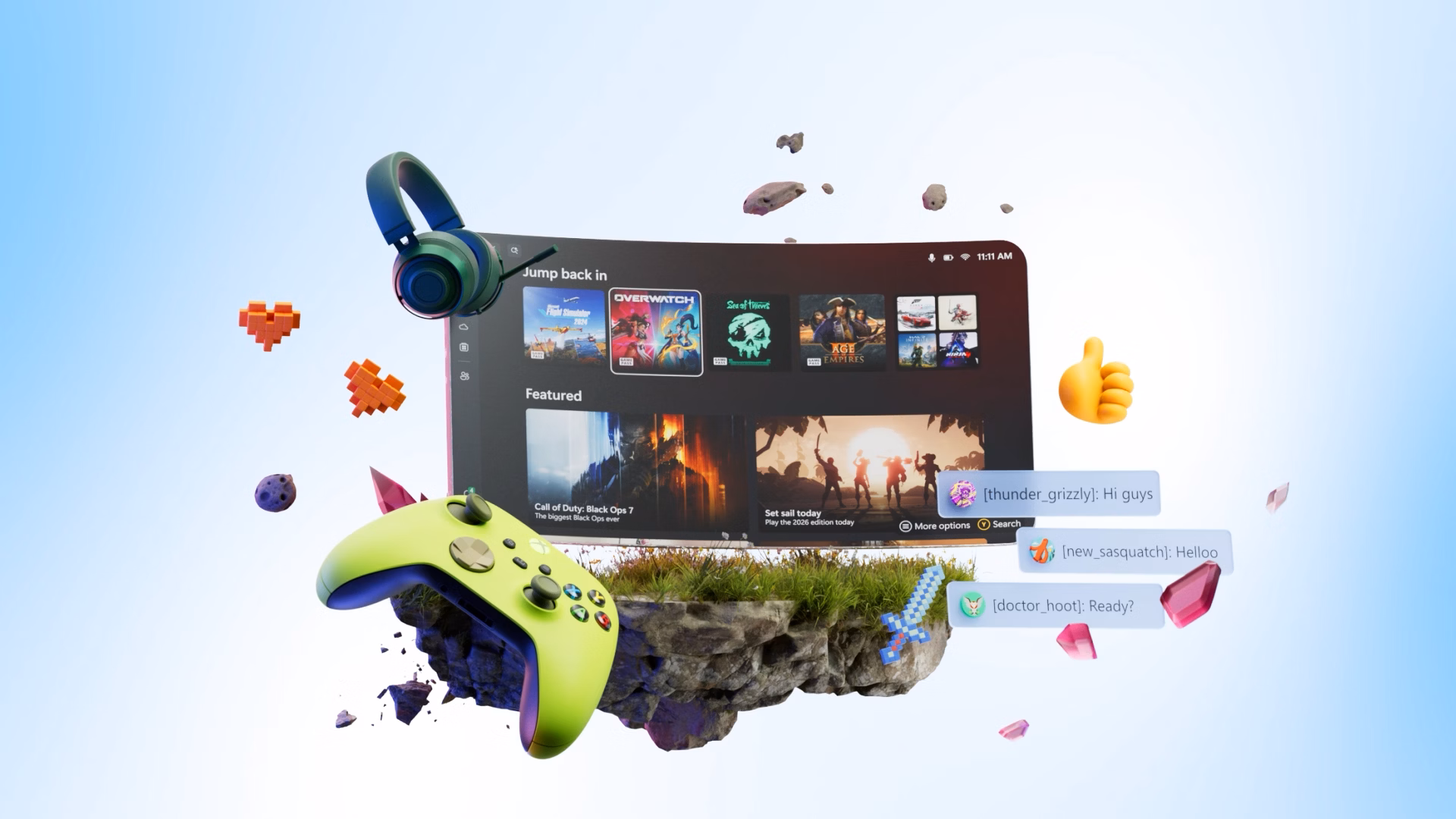 A colorful gaming-themed animation with a central floating screen, controller, headphones, chat bubbles, and playful icons