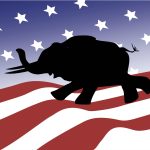 Illustration of an elephant—the Republican symbol—in front of an American flag.