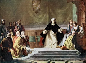Painting of King Ferdinand II and Queen Isabella I of Spain seated on a throne as a group kneels before them, with a prelate holding a cross in warning during the expulsion of Jews in 1492.
