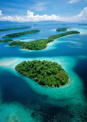 Aerial view of lush green islands surrounded by shallow turquoise water and fringing coral reefs in New Georgia, Solomon Islands, Pacific Ocean.