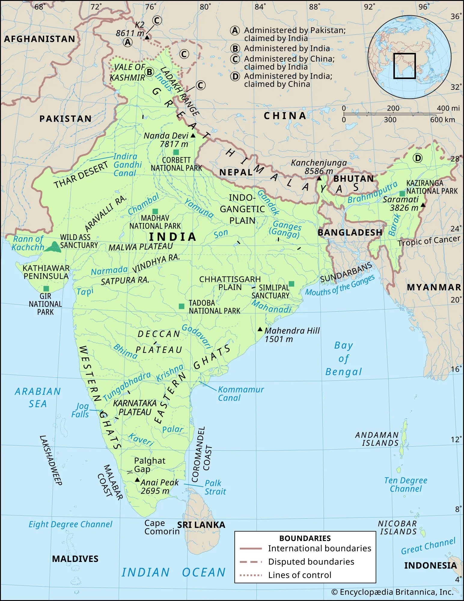Physical map of India highlighting major landforms such as the Himalayas, Thar Desert, Indo-Gangetic Plain, Deccan Plateau, Western and Eastern Ghats, and key rivers including the Ganges, Yamuna, and Brahmaputra. National parks and notable peaks like Nanda Devi and Kanchenjunga are labeled. International and disputed boundaries, as well as lines of control in northern border regions, are marked. An inset locator map shows India's position in the world.
