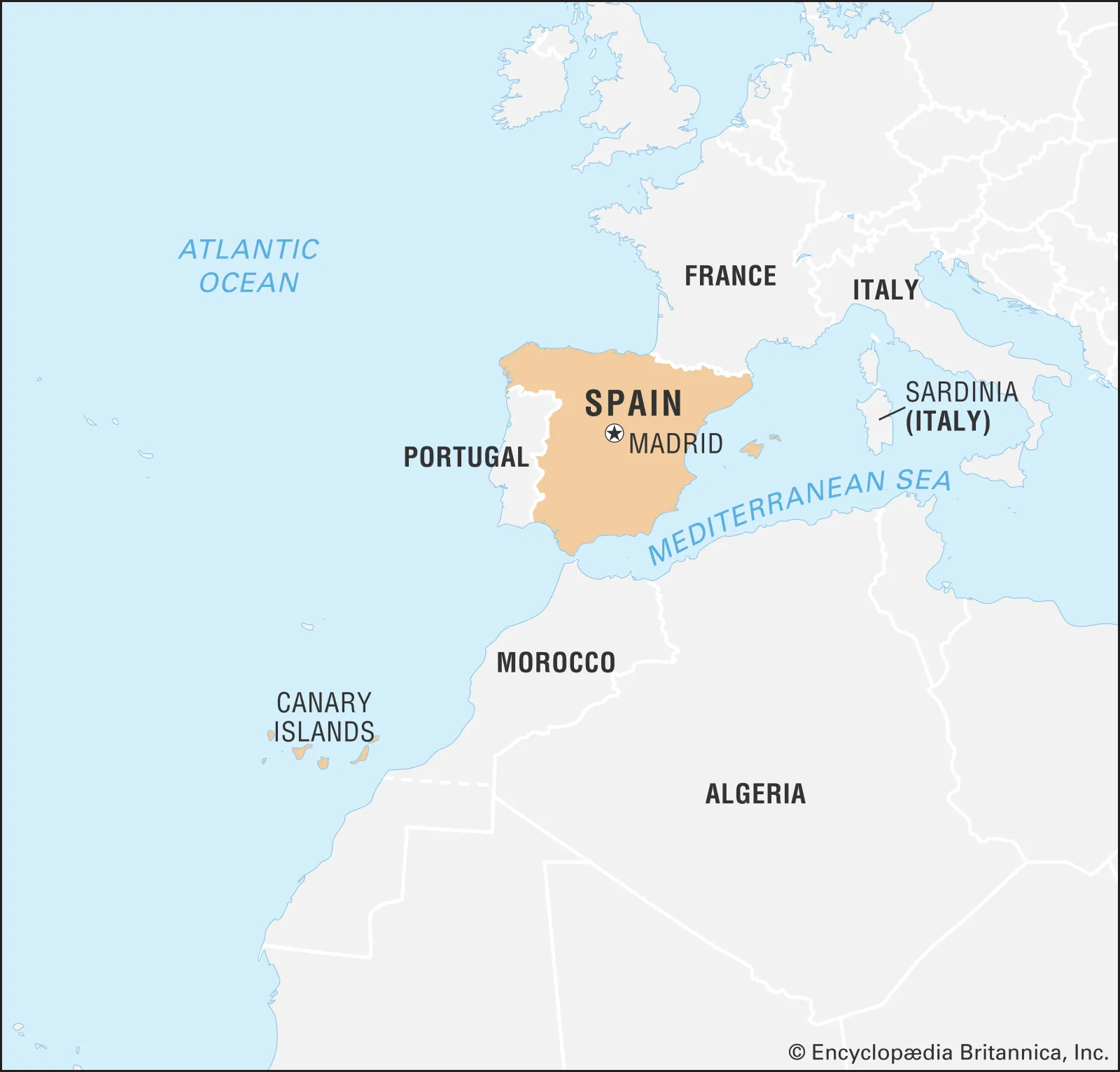 Map highlighting Spain in southwestern Europe, shown in tan with its capital Madrid labeled. Surrounding countries and regions include Portugal to the west, France to the northeast, Morocco to the south across the Mediterranean Sea, and the Canary Islands off the northwest coast of Africa. Neighboring bodies of water, such as the Atlantic Ocean and Mediterranean Sea, are also labeled.