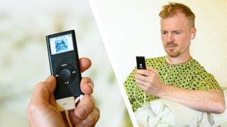 Split image of a black iPod nano 2006 in person's hand (left) and a man sat on a sofa looking at the nano's screen listening through wired headphones (right)