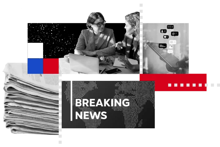 Collage of news elements: two women discussing at a table with a laptop, a stack of newspapers, Breaking News text on a dotted world map background, and a blurred person using a phone with notification bubbles. Red, blue, and black accents throughout.