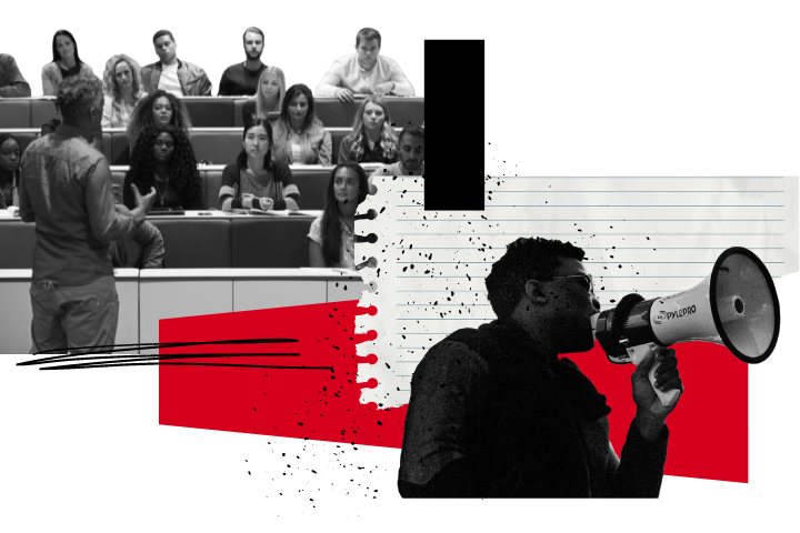 A collage features a man speaking into a megaphone on the right, and a classroom scene with a teacher addressing students seated in rows on the left. The background includes red and black abstract design elements.