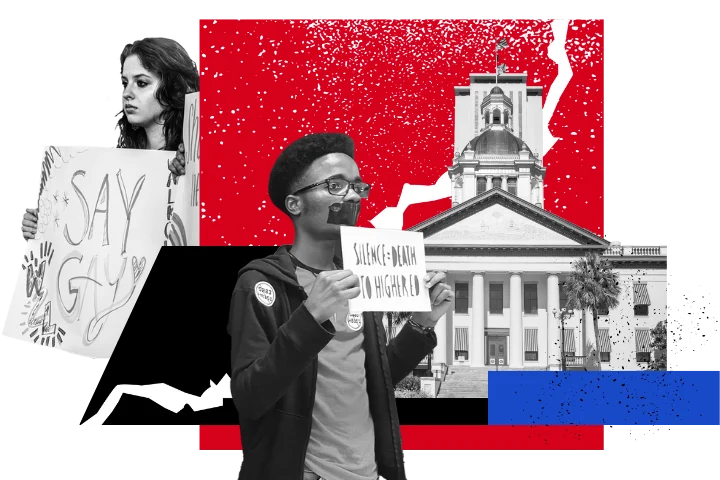 A young person stands with tape over their mouth, holding a Silence = Death in Florida sign—highlighting educational censorship. Another holds a Say Gay sign. The bold red and blue background features the Florida Capitol building.