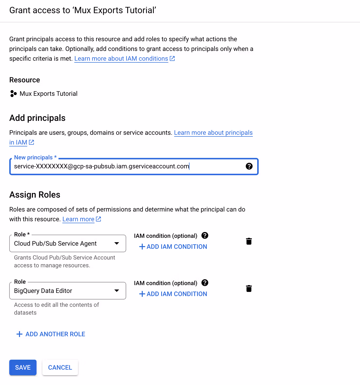 A screenshot showing the "Grant access" form prefilled using the values described above.