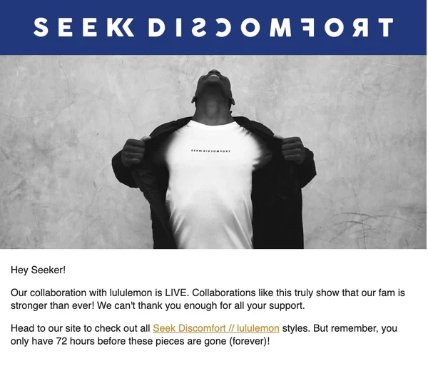 An email for the Seek Discomfort and Lululemon collaboration.