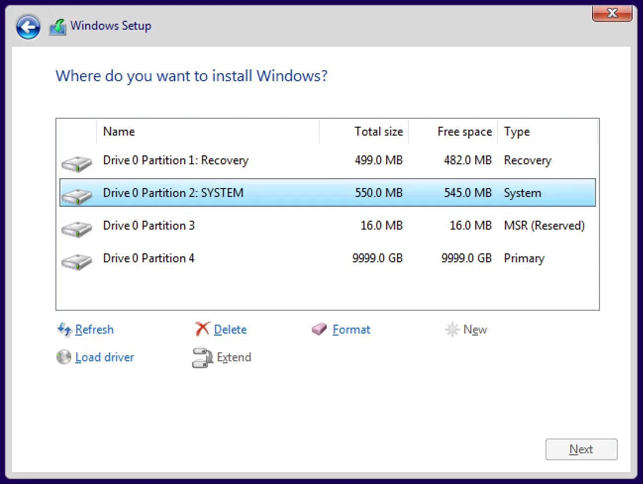 Screenshot of a 550 MiB ESP in Windows Setup