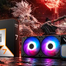 A box for the AMD Ryzen 7 9000 series processor with '3D V-Cache Technology' is displayed alongside an MSI liquid cooler, set against a backdrop of an intense battle scene from a video game.