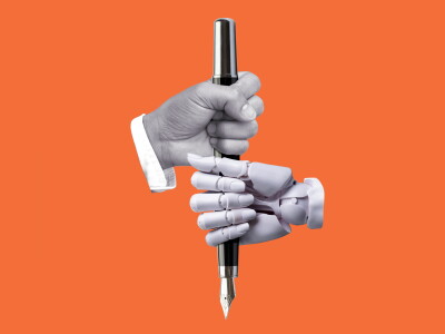 Photo-based illustration of a human hand and a robot hand around a fountain pen