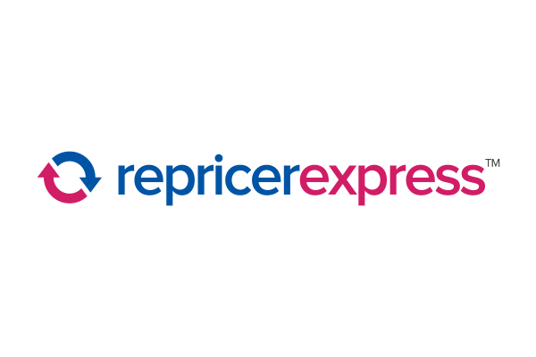 Logo for RepricerExpress featuring a circular blue and magenta arrow symbol and the brand name in blue and magenta text on a transparent background.