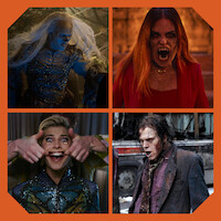 Collage of four: icy creature in dark forest, vampire woman snarling in red outfit, performer having face stretched in colorful room, bloody zombie in tattered suit near wrecked bus; horror and fantasy settings.