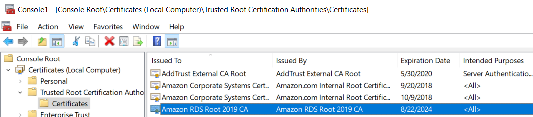 The MMC Certificates snap-in with the Trusted Root Certification Authority folder selected.