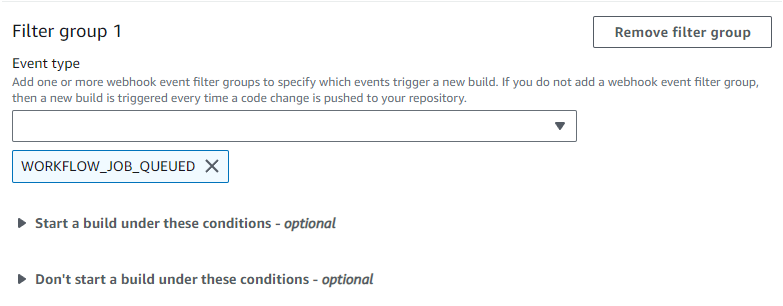 A webhook filter group triggers a build for GitHub Actions workflow job events only.
