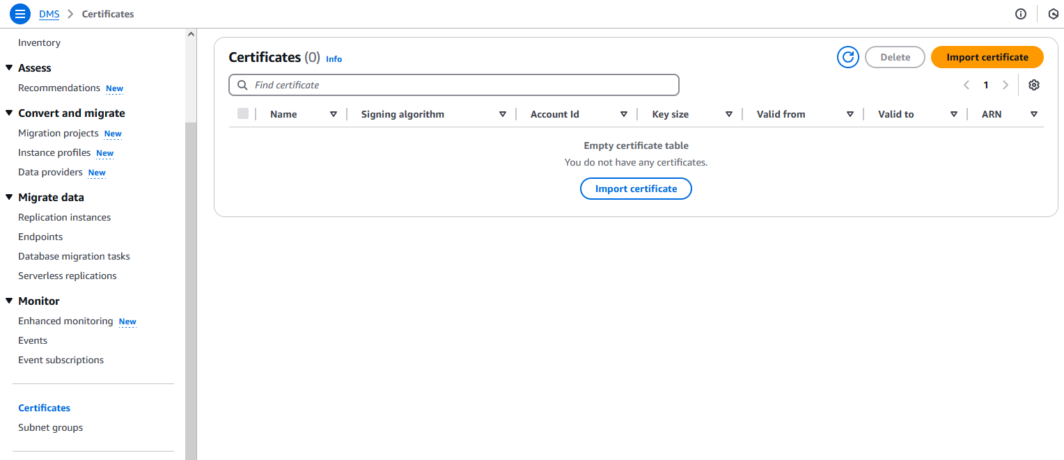 AWS Database Migration Service SSL certificate management