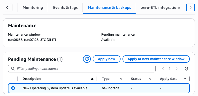 The Amazon DocumentDB Maintenance and backups tab showing the os-upgrade maintenance action.
