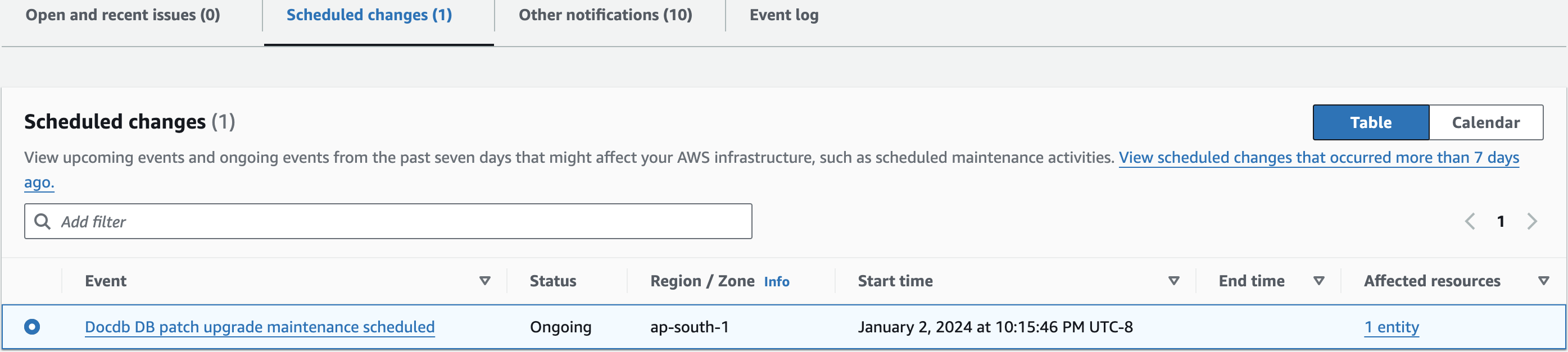 Amazon DocumentDB console showing the Scheduled changes tab for engine patch upgrades.
