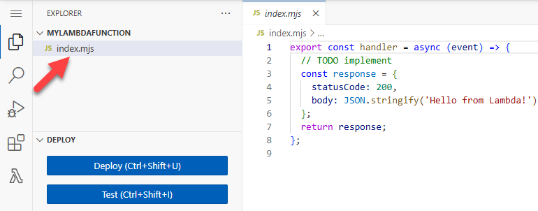 Diagram showing the console code editor and the index.mjs file in the file explorer.