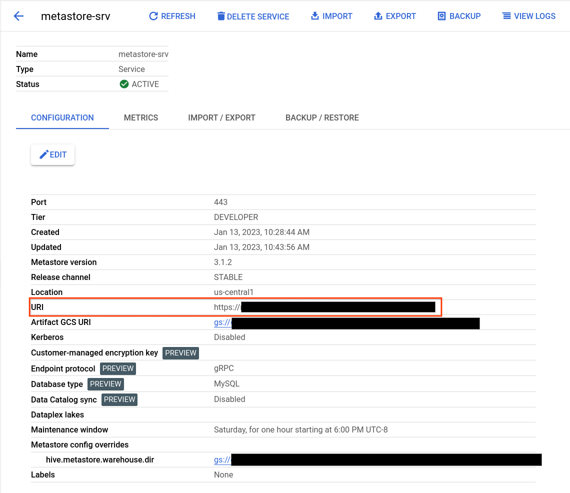 Exemplo de uma página de detalhes do serviço Dataproc Metastore que mostra os valores de URL e hive.metastore.warehouse.dir