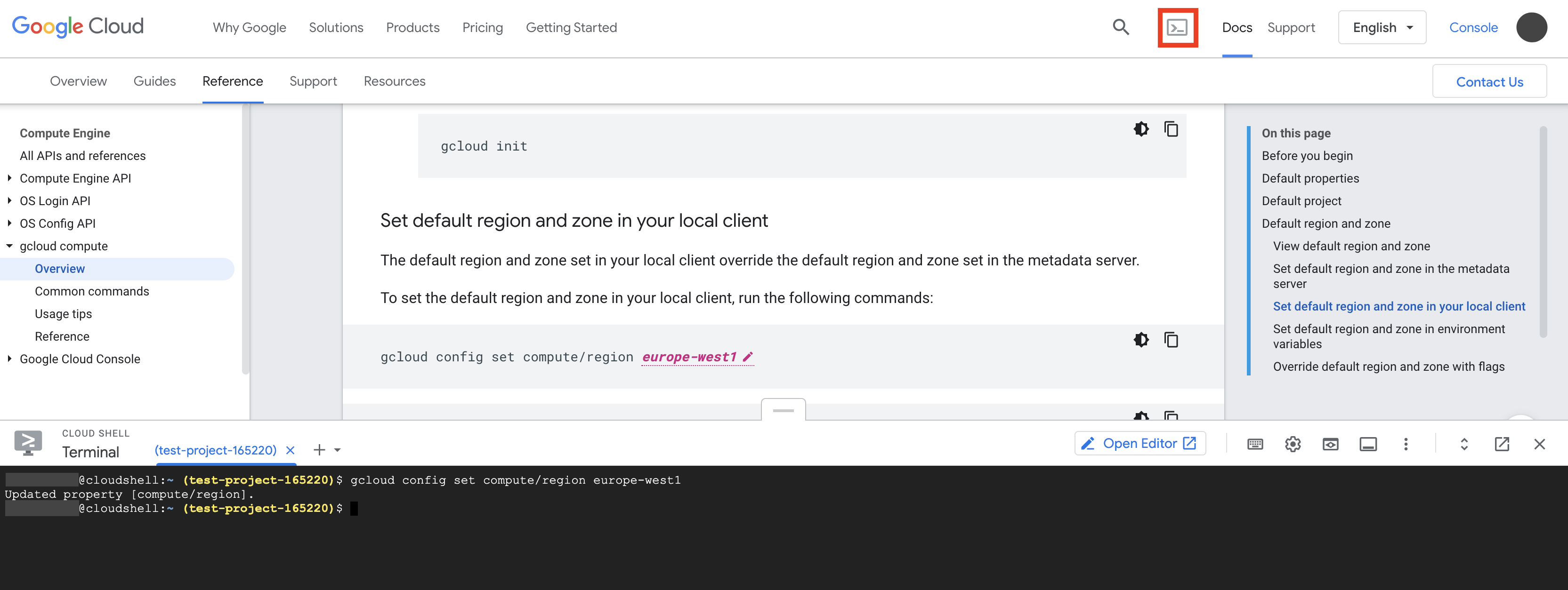Terminal Cloud Shell lancé dans la moitié inférieure de la page de documentation, avec un exemple de commande gcloud copié dans le terminal Cloud Shell