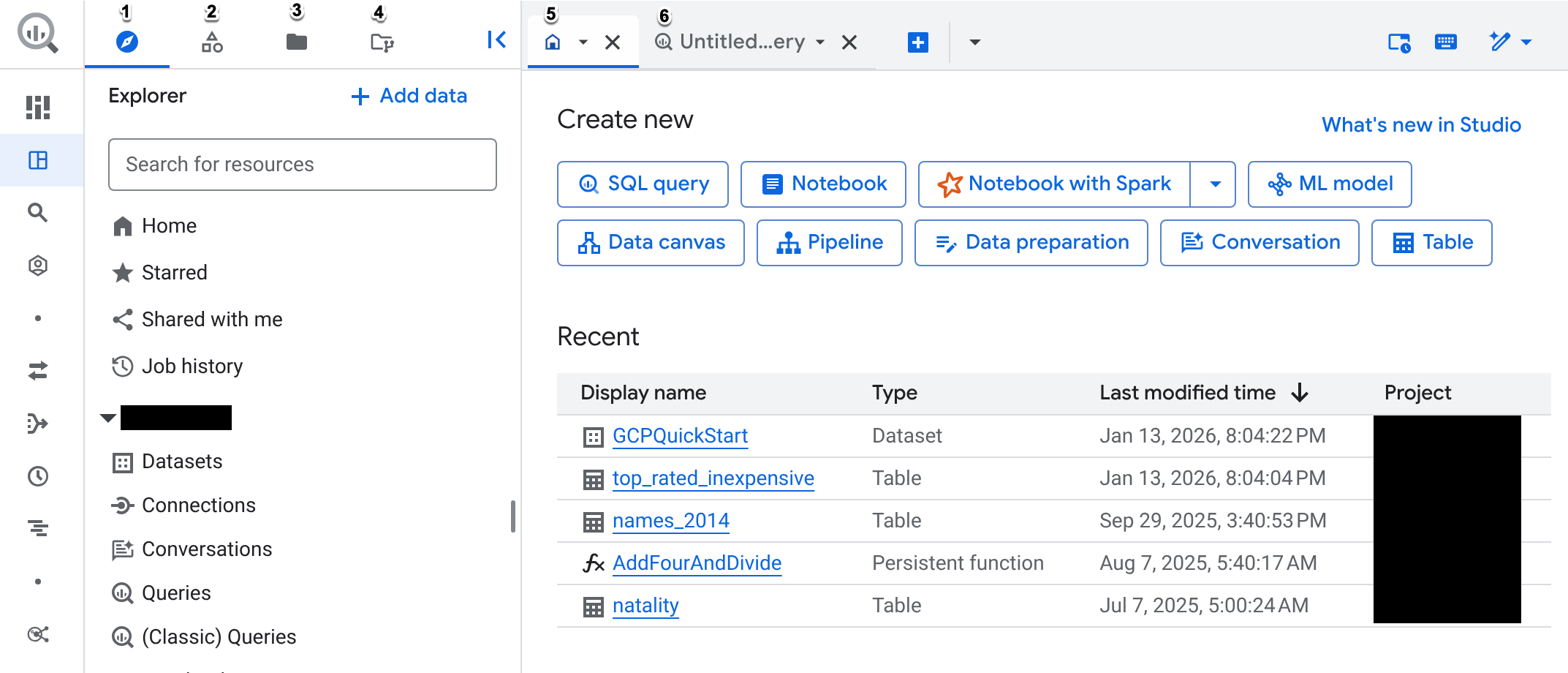 המרכיבים של BigQuery Studio.