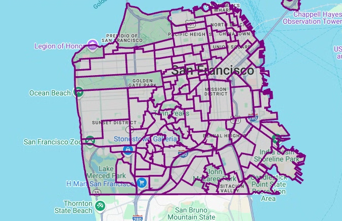 Polygones affichés à partir de l'ensemble de données "Quartiers de San Francisco".