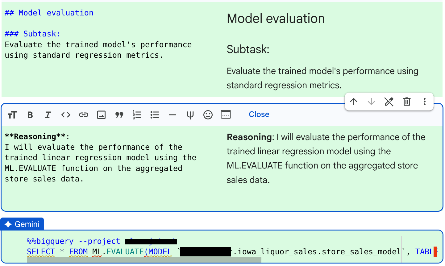 El código y el razonamiento que se generaron para evaluar el modelo.