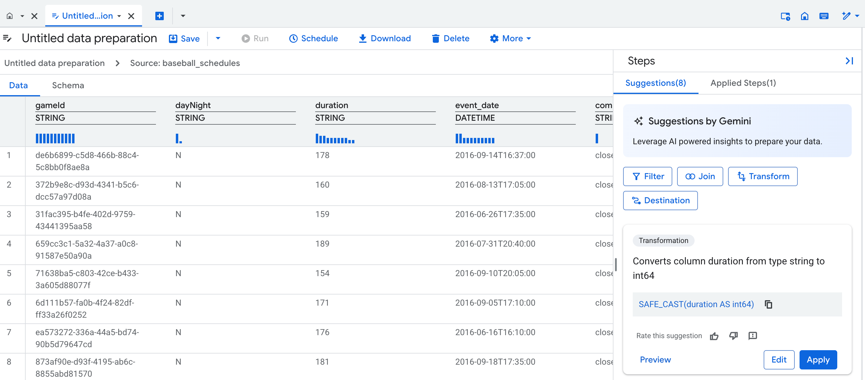 Vista de datos en el editor de preparación de datos que muestra opciones para previsualizar, editar o aplicar sugerencias de Gemini.