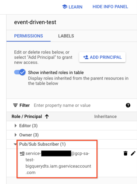 בודקים אם לסוכן השירות יש הרשאת pubsub.subscriber במינוי.