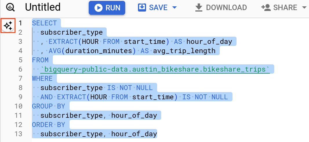 O ícone Explicar esta consulta e o texto realçado no
editor de consultas do BigQuery.