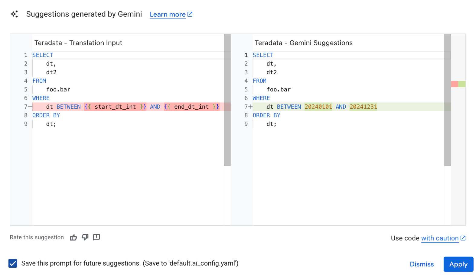Appliquer les modifications à partir du fichier YAML de configuration basé sur Gemini