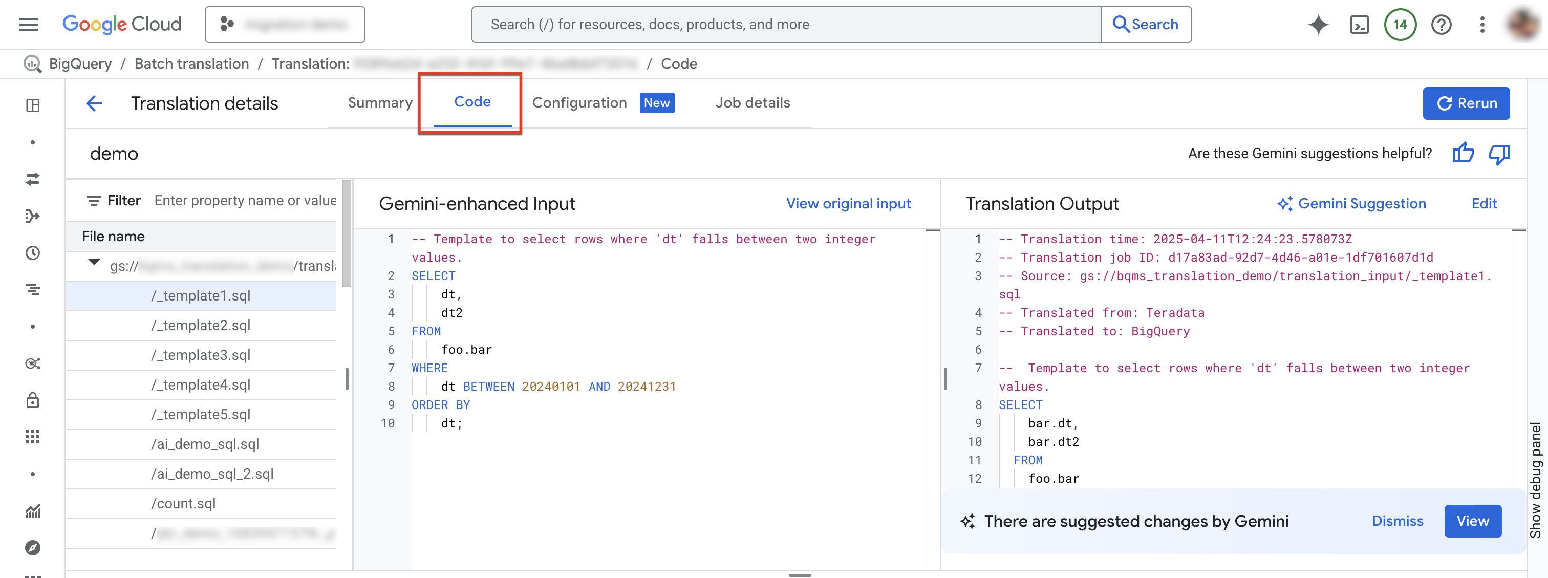 Rufen Sie den Tab „Code“ auf der Seite „SQL-Übersetzung“ auf.