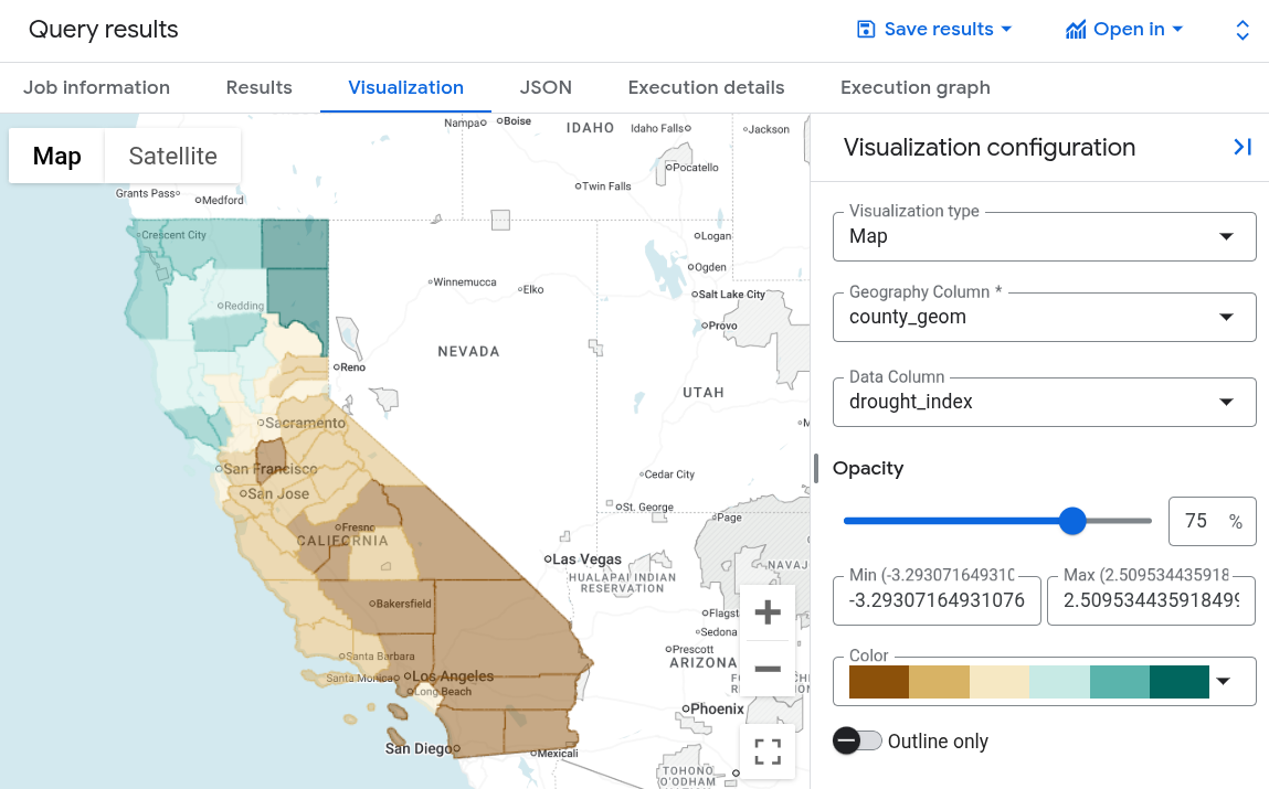 Visualizzazione dell'indice di siccità in BigQuery Studio.